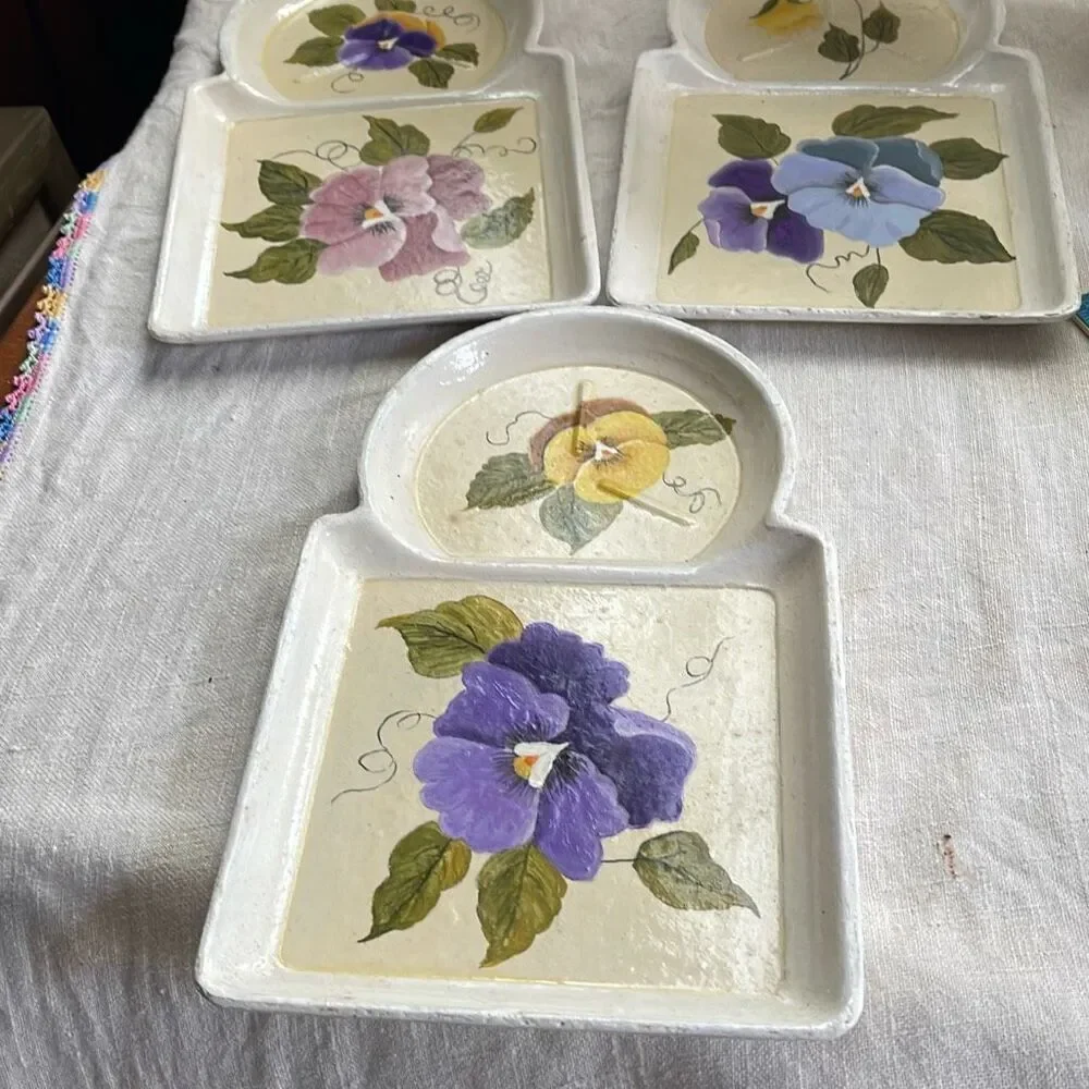 Vintage lot of 3 hand painted snack dishes. Cup and appetizer plates.